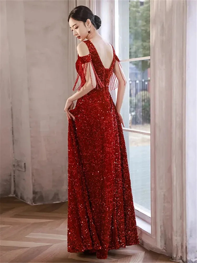 Weinrot Pailletten Abend Ballkleid Bankett Party Langes Kleid fg4426
