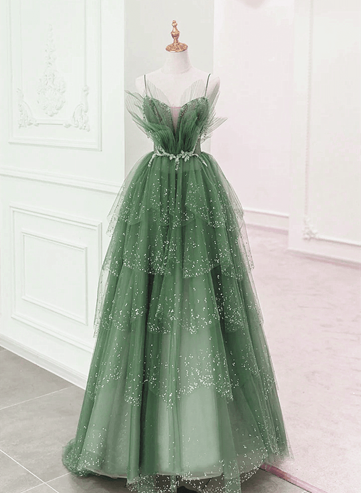 Green Layers Tulle Straps Beaded Long Party Dress, Green Long Formal D formalgowns Green Layers Tulle Straps Beaded Long Party Dress, Green Long Formal D formalgowns
