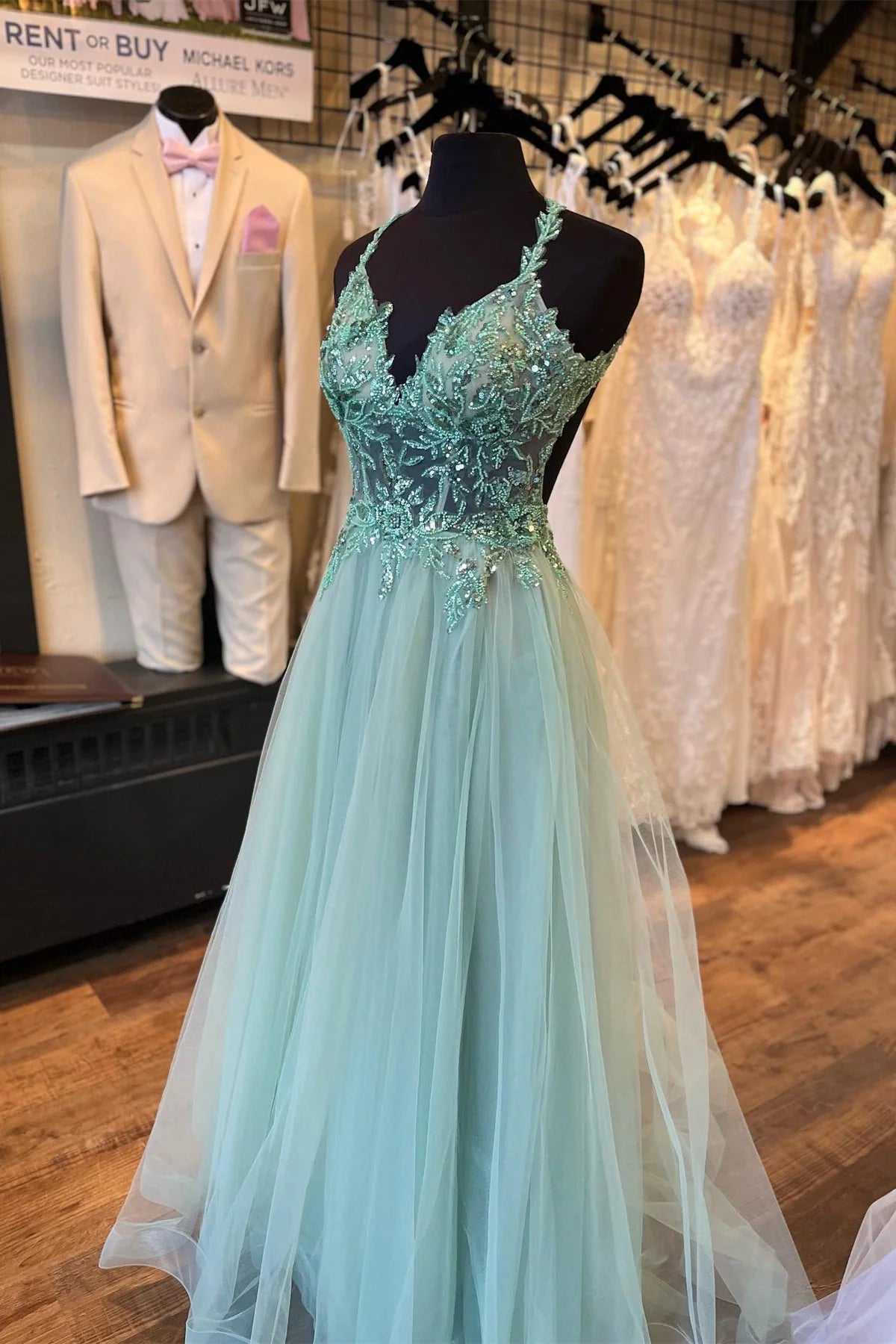 Dusty Sage Flower Straps Beaded V Neck Long Prom Dress fg4492