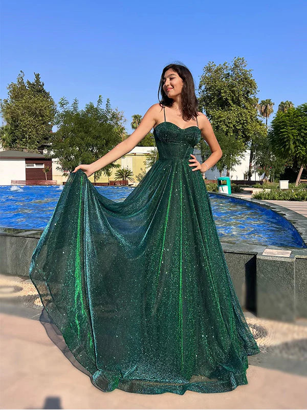 Robe de bal longue élégante en tulle à bretelles spaghetti et coupe trapèze fg4488