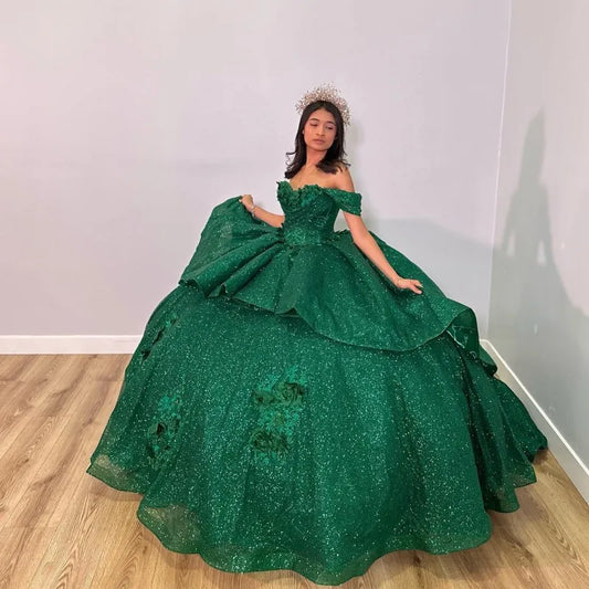 Smaragdgrün Glänzende Handgemachte 3D Blumen Perlen Quinceanera Kleider Ballkleid Weg Von Der Schulter Süße 16 Kleid fg5762