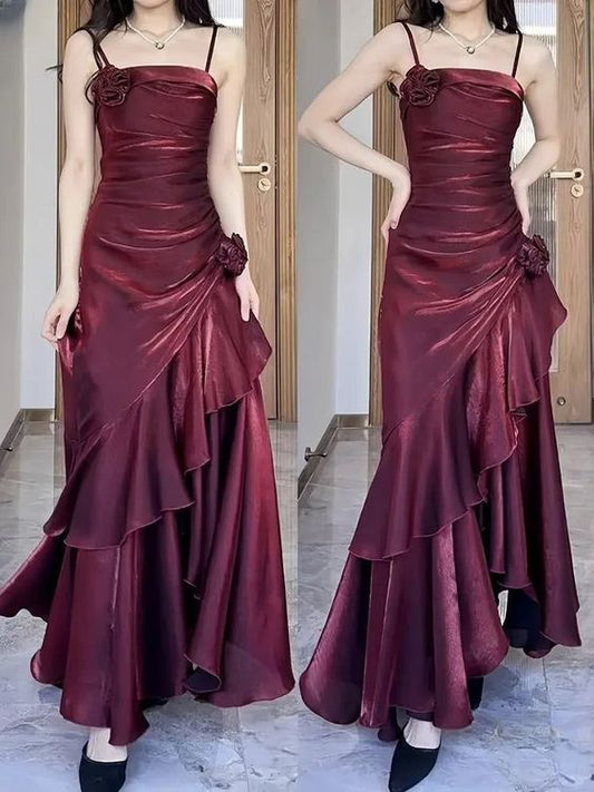 Robe de soirée sexy à bretelles spaghetti pour femme, rouge vin, à volants et fleurs 3D, fg6895
