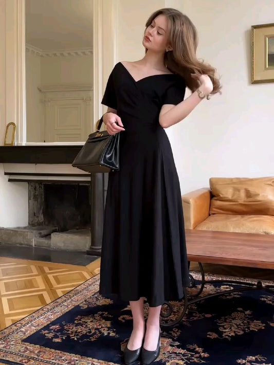 Robe de bal noire à épaules dénudées, longueur cheville, fg6865