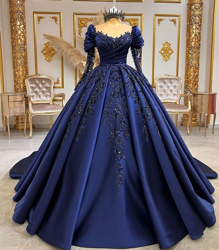Elegant Navy Blue O-Neck Sequined Appliques Long Sleeves Quinceanera E formalgowns Elegant Navy Blue O-Neck Sequined Appliques Long Sleeves Quinceanera E formalgowns