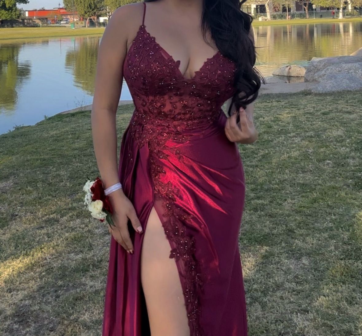 dark red prom dress with slit Evening Dresses fg6925