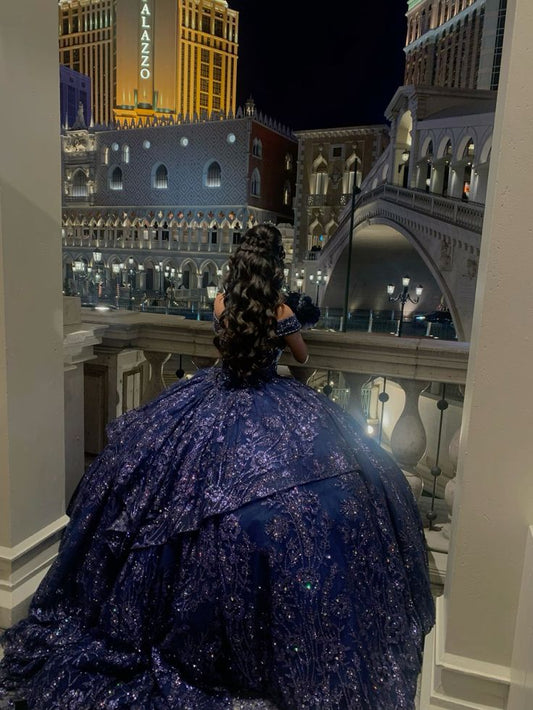 Robe de Quinceanera bleu marine à épaules dénudées, coupe trapèze, robe de bal, 16 ans, fg6897