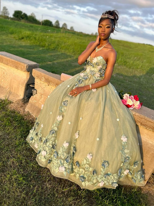 Robe de Quinceanera verte sans bretelles, motif floral 3D appliqué, robe de bal, fg6883