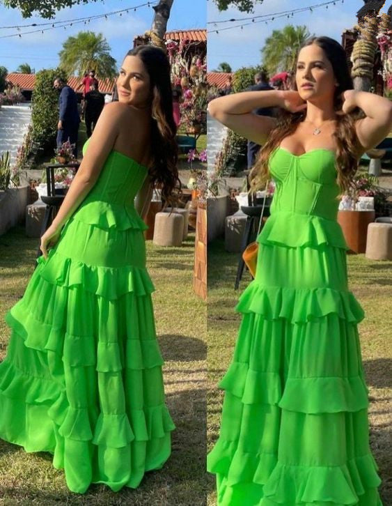 Sweetheart Green A-Line Prom Dresses,Floor Length Ruffles Evening Gown fg6861