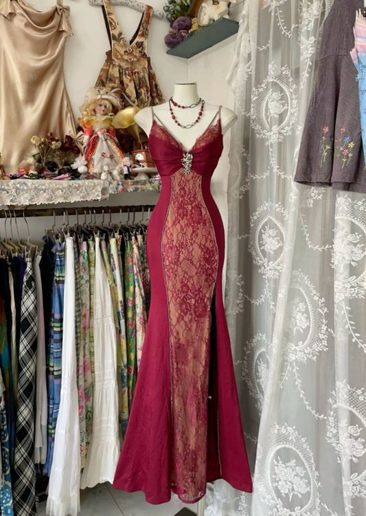 V-Ausschnitt Spitze Burgunderrot Langes Ballkleid Meerjungfrau Abendkleid Partykleid fg6916