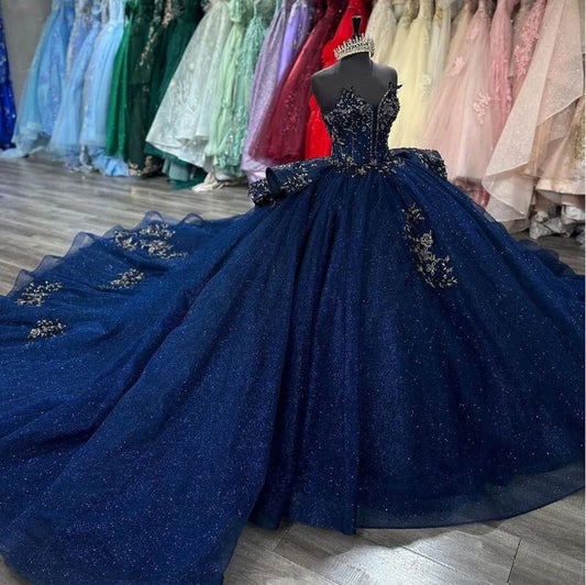 Bleu marine brillant princesse Quinceanera robes Applique Peplum Corset vestido de 15 quinceañeras doux 16 robe de bal fg6840