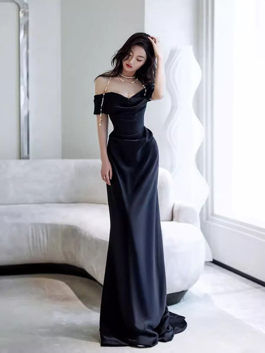 Robe de soirée sirène simple noire à épaules dénudées fg6846