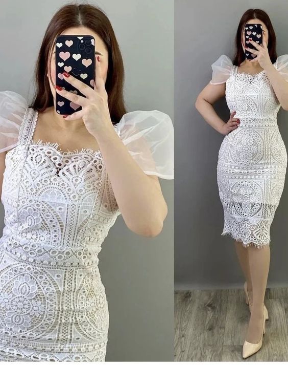 White Lace Dress Women Square Neck Puff Sleeve Hook Flower Hollow Party Dresses fg6844
