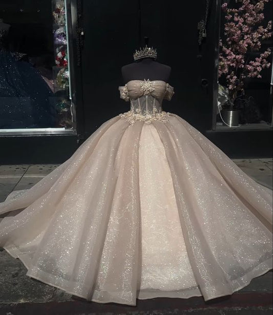 Robe princesse champagne scintillante avec corset pailleté à épaules dénudées pour le bal des 16 ans (fg6833)