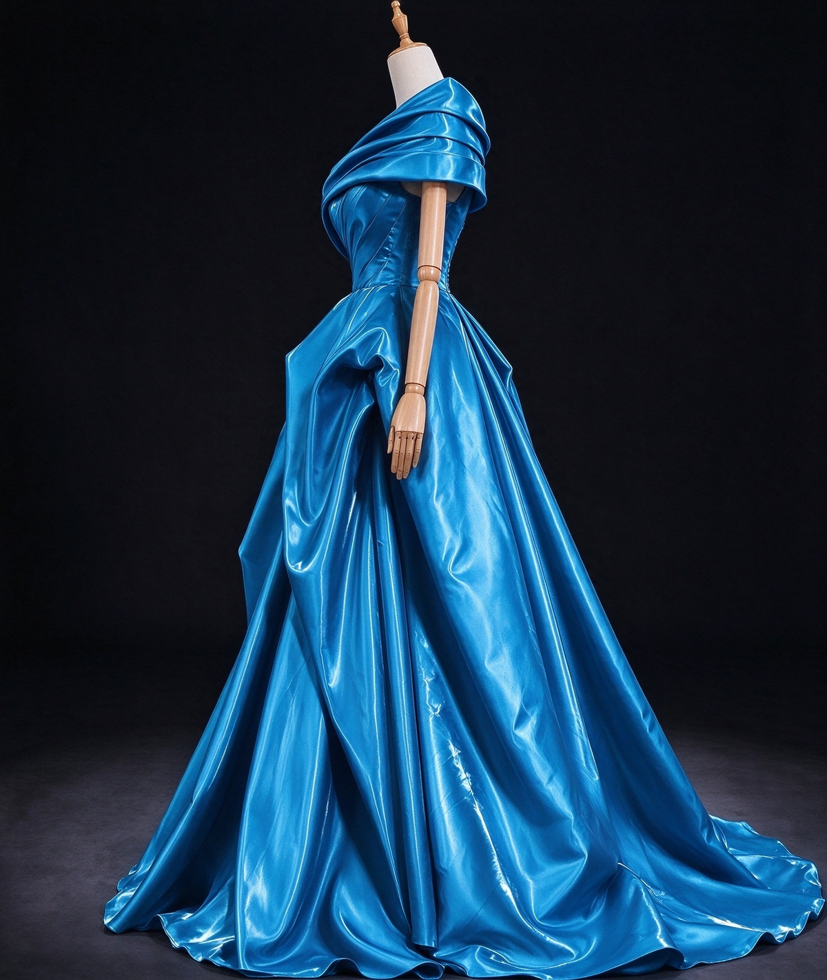 Bright Blue Off-the-Shoulder Draped Satin Ball Gown Evening Dress fg9028