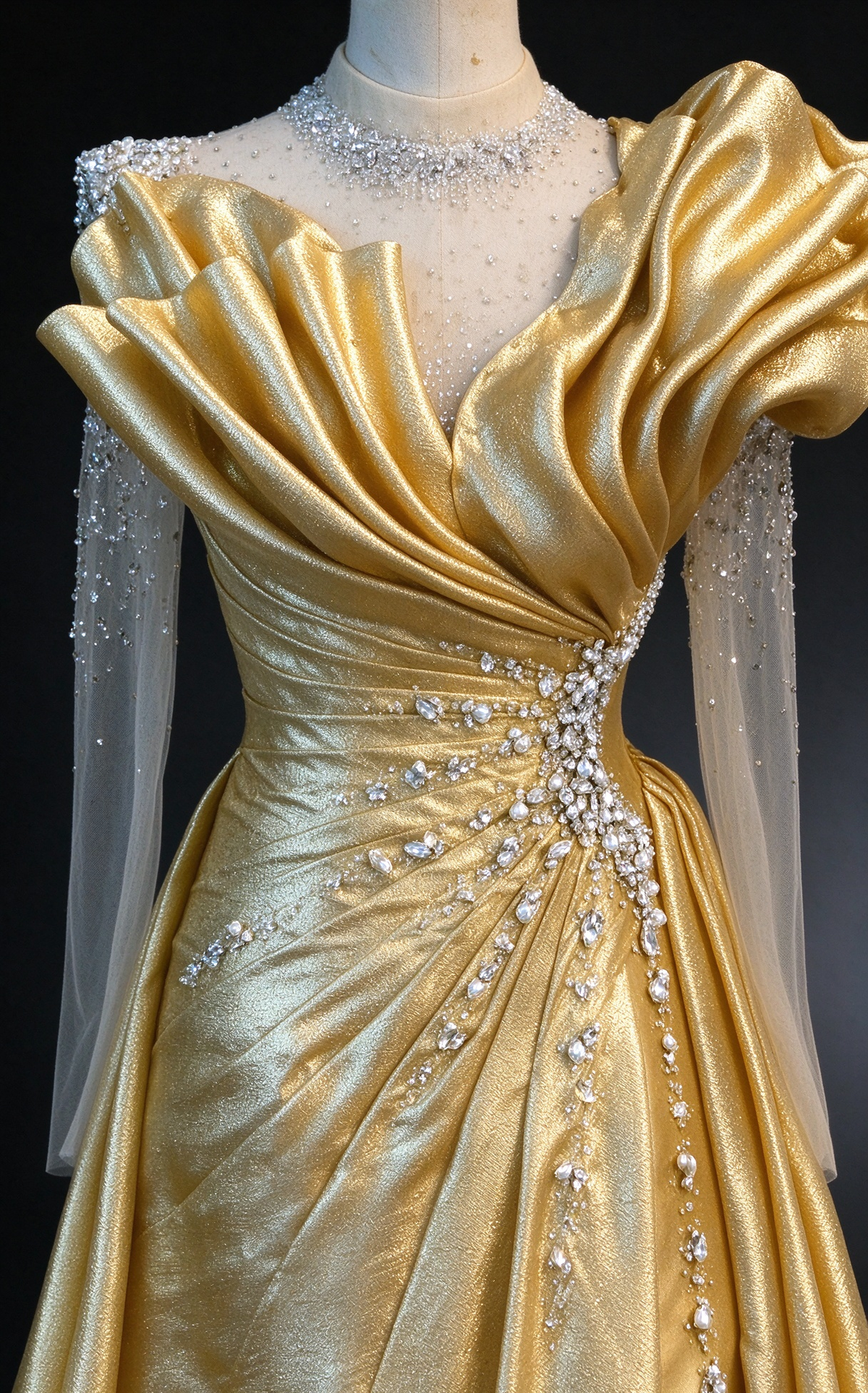 Golden Beaded Tulle Sleeves A-line Metallic Satin Evening Gown with Draped Ruffle Neckline fg9025