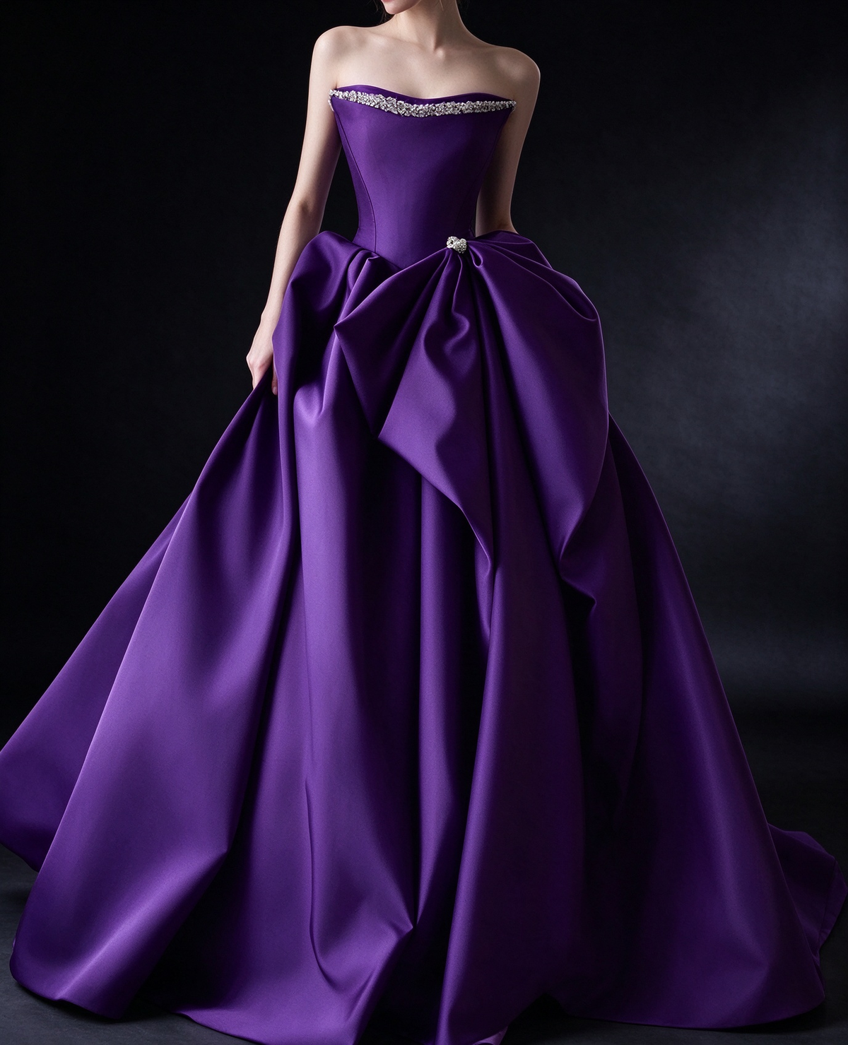 Purple Strapless Satin Ball Gown with Rhinestone Trim & Big Bow fg9035