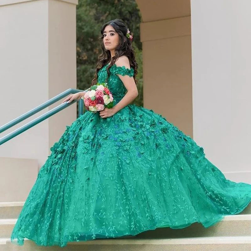Grüne funkelnde Quinceanera-Kleider mit Cape-Quasten Sweet 16 Kleider Ballkleid 3D-Blumen Tüll Geburtstagskleider fg4570