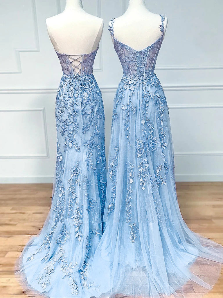 Blue Sweetheart Neck Lace Long Prom Dresses, Blue Lace Graduation Dress fg4490