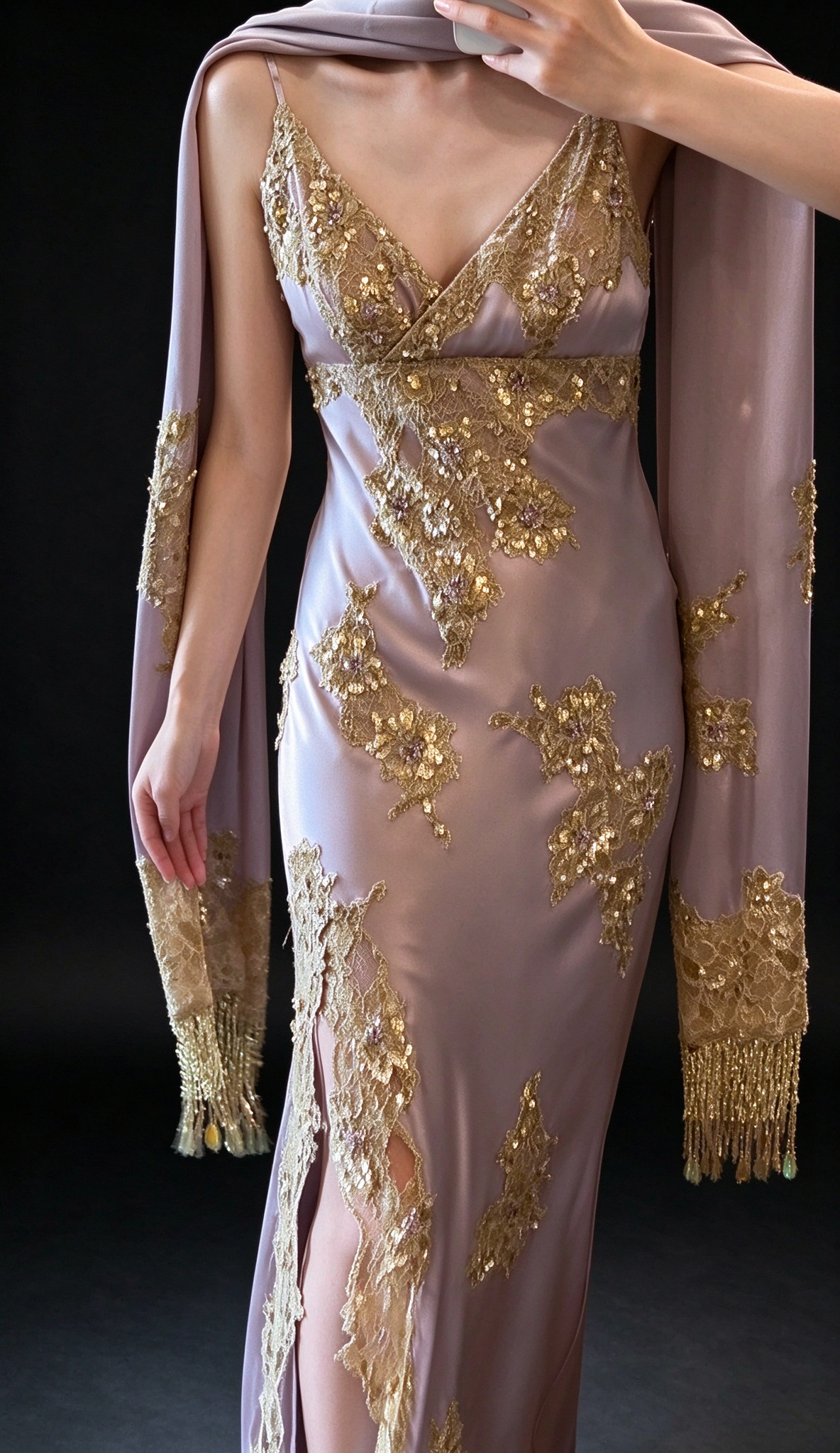 Dusty Lavender V-Neck Slip Evening Dress with Gold Lace Appliqués & Beaded Tassel Shawl fg9036