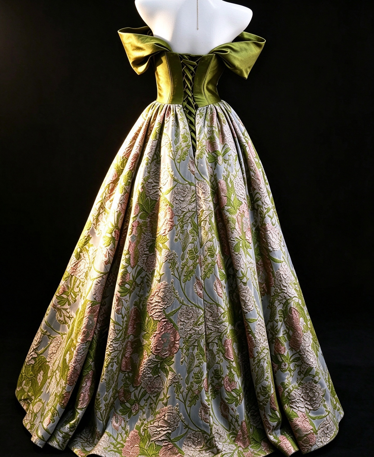 Olive Green Satin Floral Ball Gown fg9042