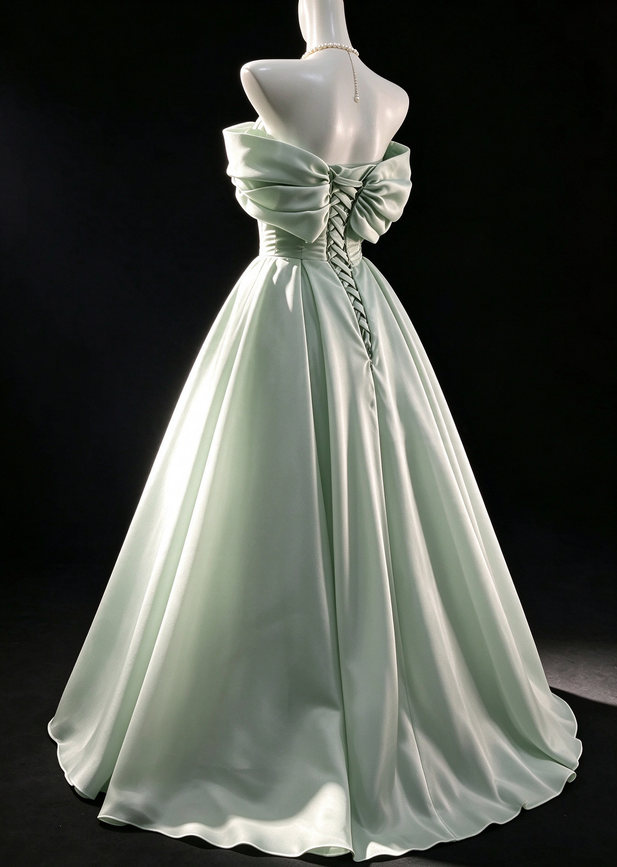 Mint Green Satin Off-Shoulder Bow Back Ball Gown fg9043