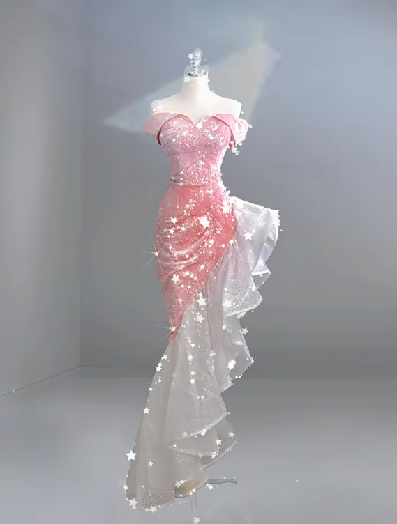 Schulterfreies, langes Ballkleid in Rosa, Abendkleid, Partykleid fg8325