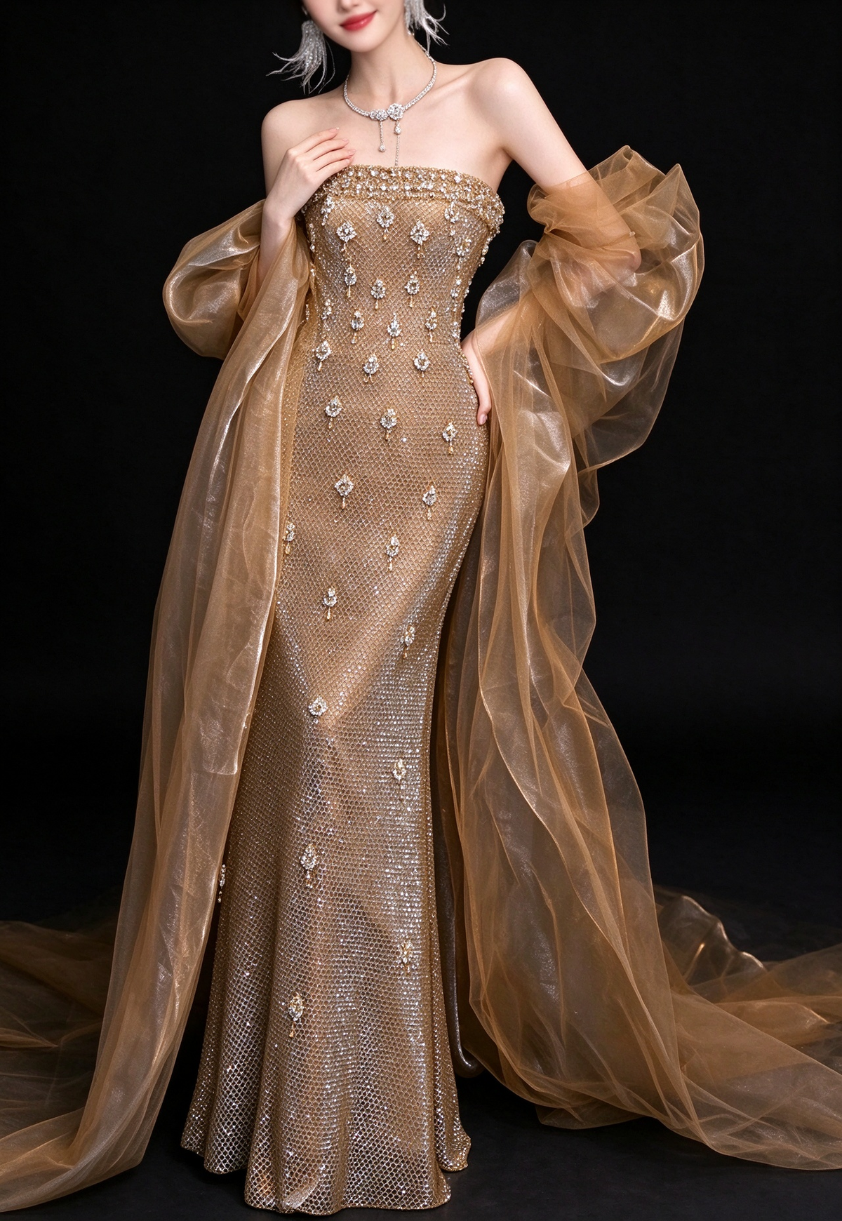 Gold Strapless Rhinestone Mermaid Evening Dress With Organza Shawl fg9152