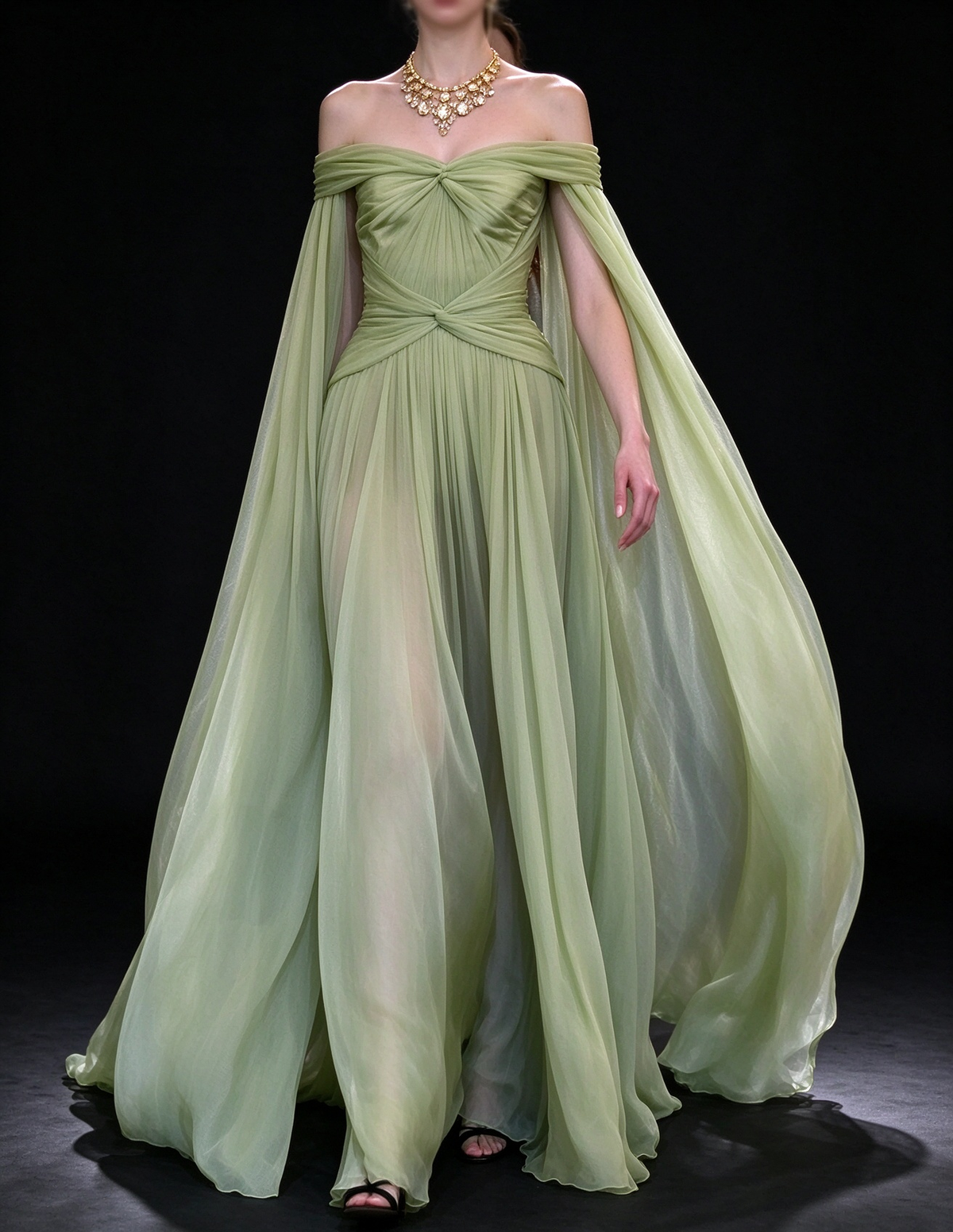 Green Off Shoulder Cape Sleeve Chiffon A Line Evening Gown fg9083