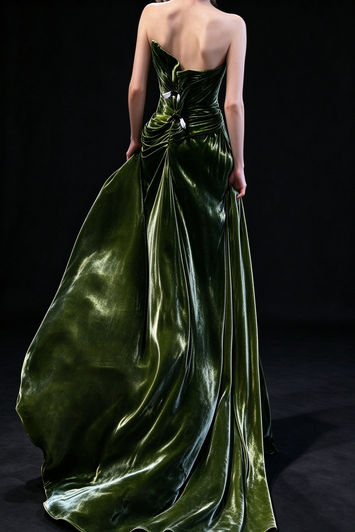 Green Strapless Ruched Satin Slit Evening Gown fg9084