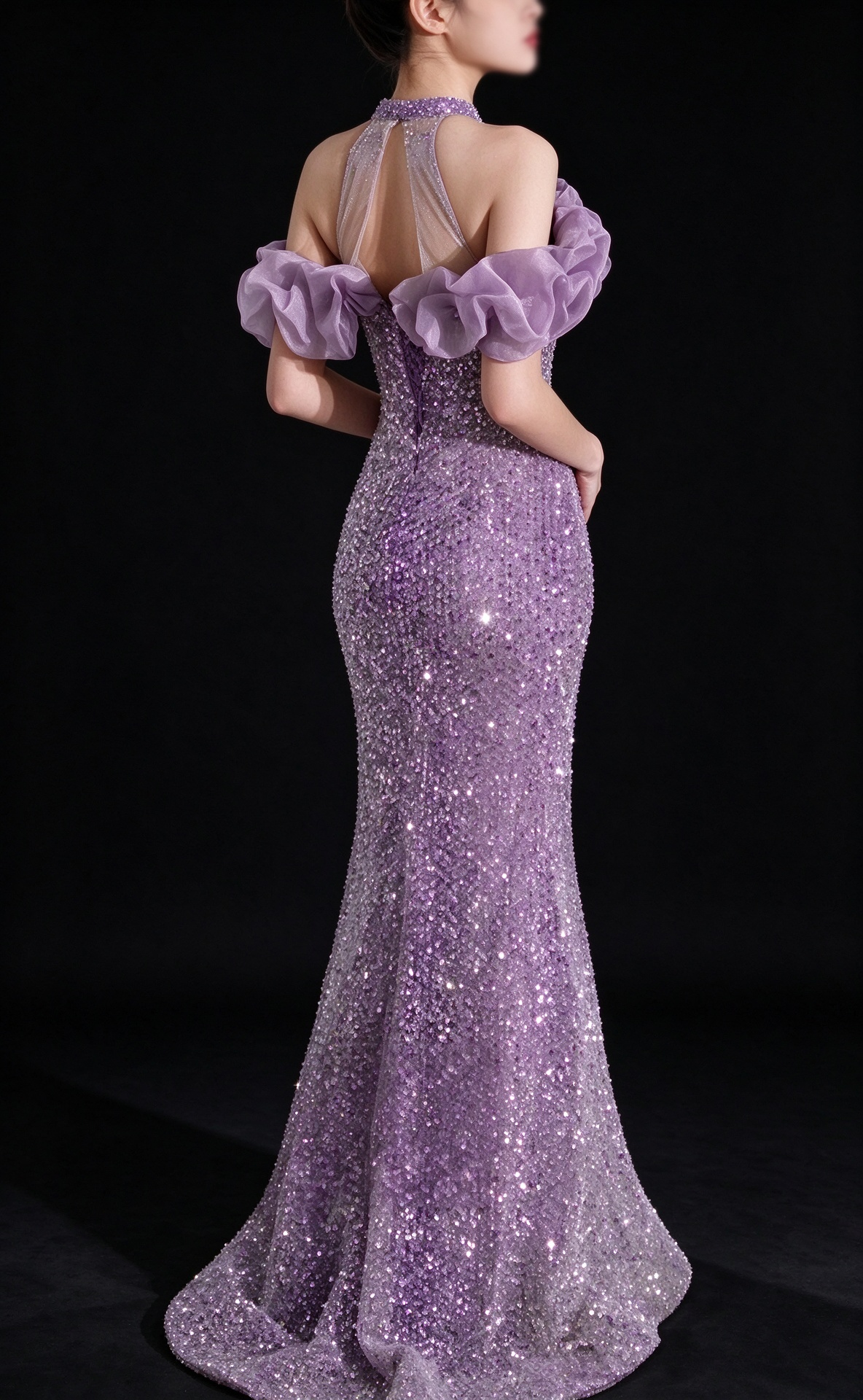 Lavender Halter Off Shoulder Ruffle Sequin Mermaid Evening Dress fg9150