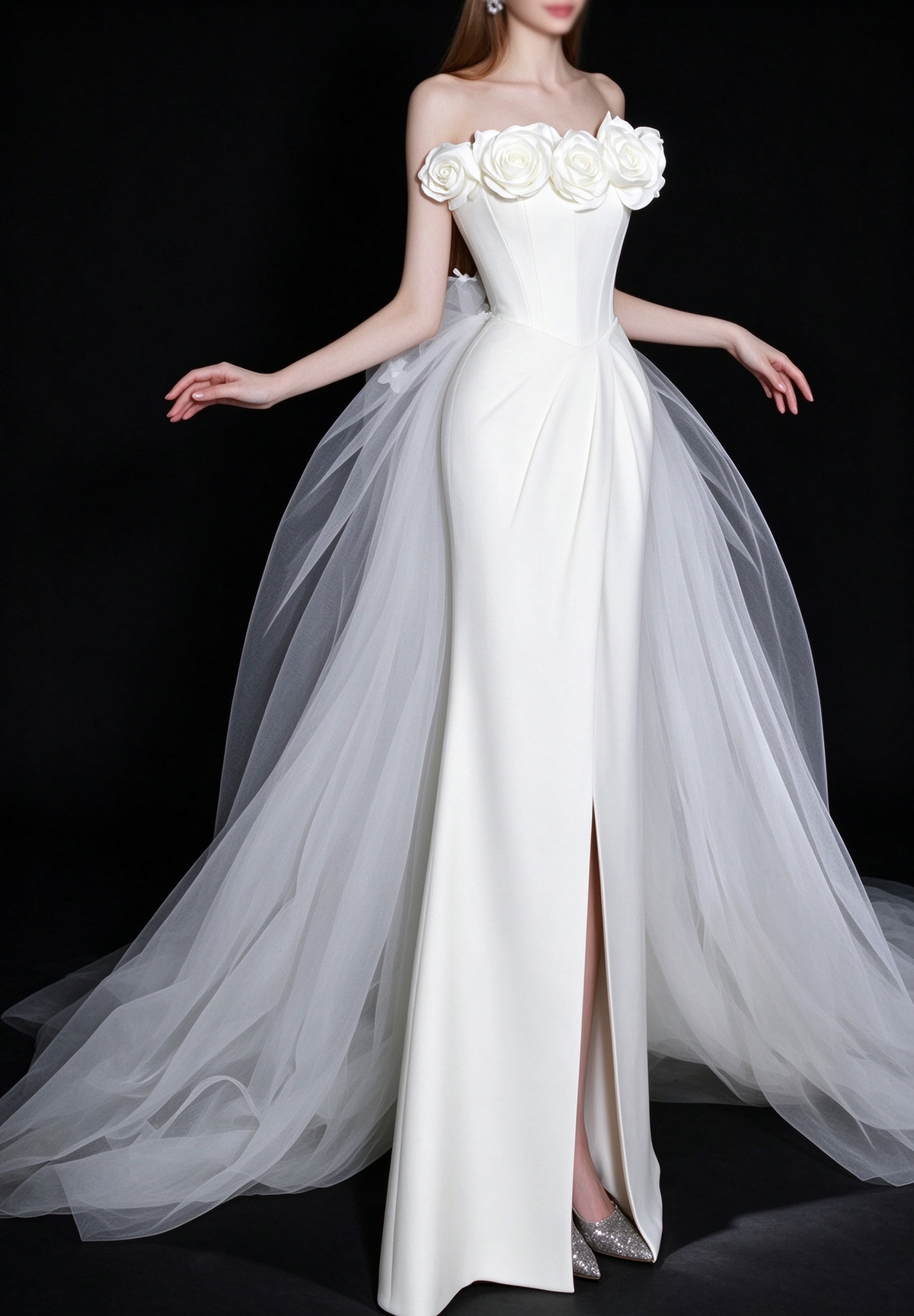 White Strapless 3D Floral Satin Mermaid Wedding Dress With Tulle Train fg9107