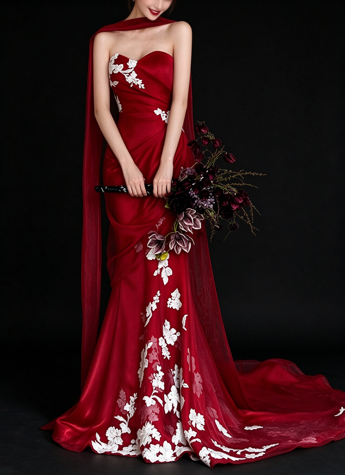 Red Strapless Mermaid White Floral Embroidery Satin Evening Dress fg9161