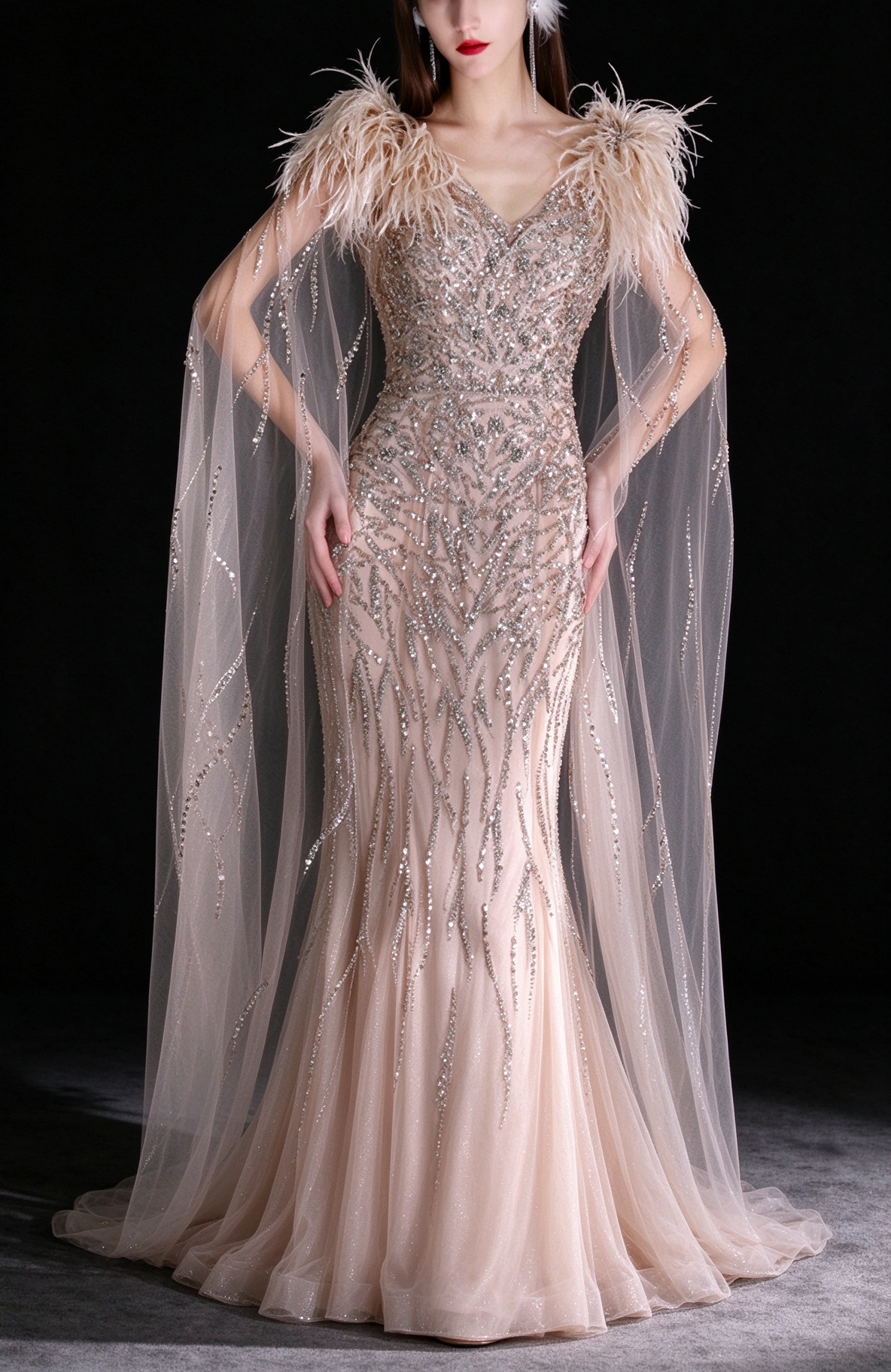 Champagne V Neck Feather Beaded Mermaid Evening Dress With Tulle Cape fg9151