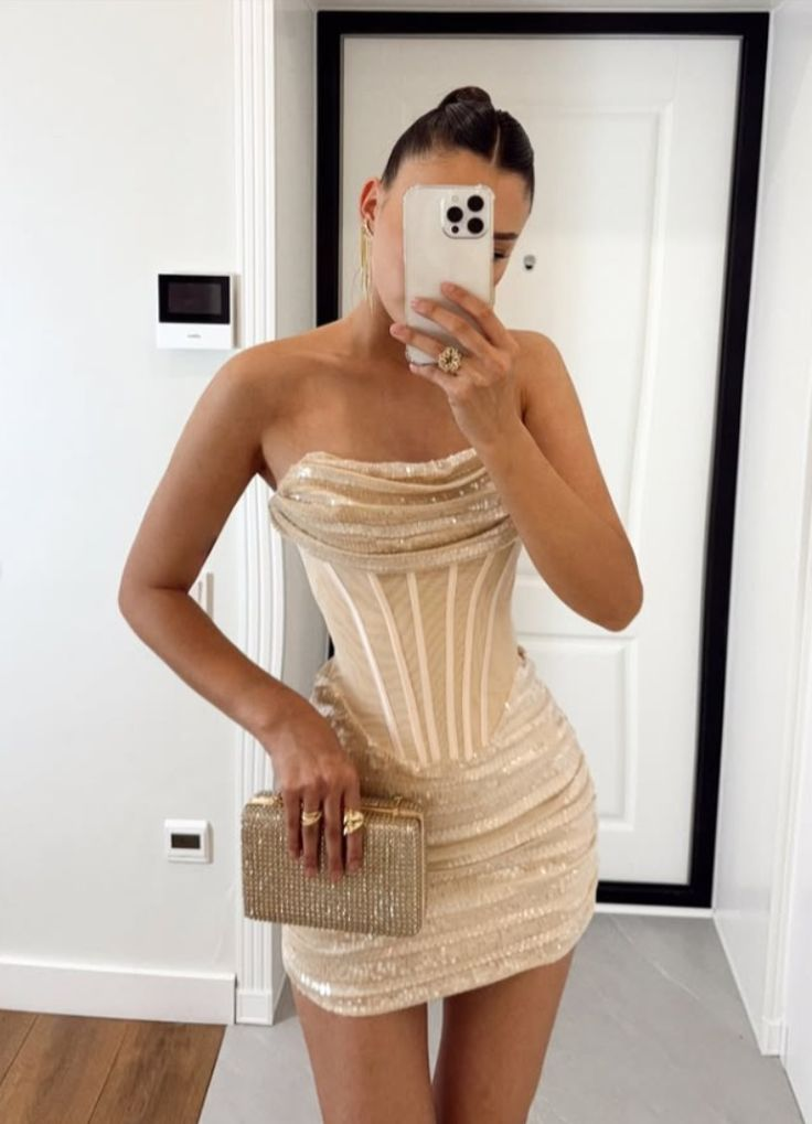 Robe de cocktail courte en tulle à sequins, coupe fourreau champagne clair, sans bretelles, style corset, fg8292