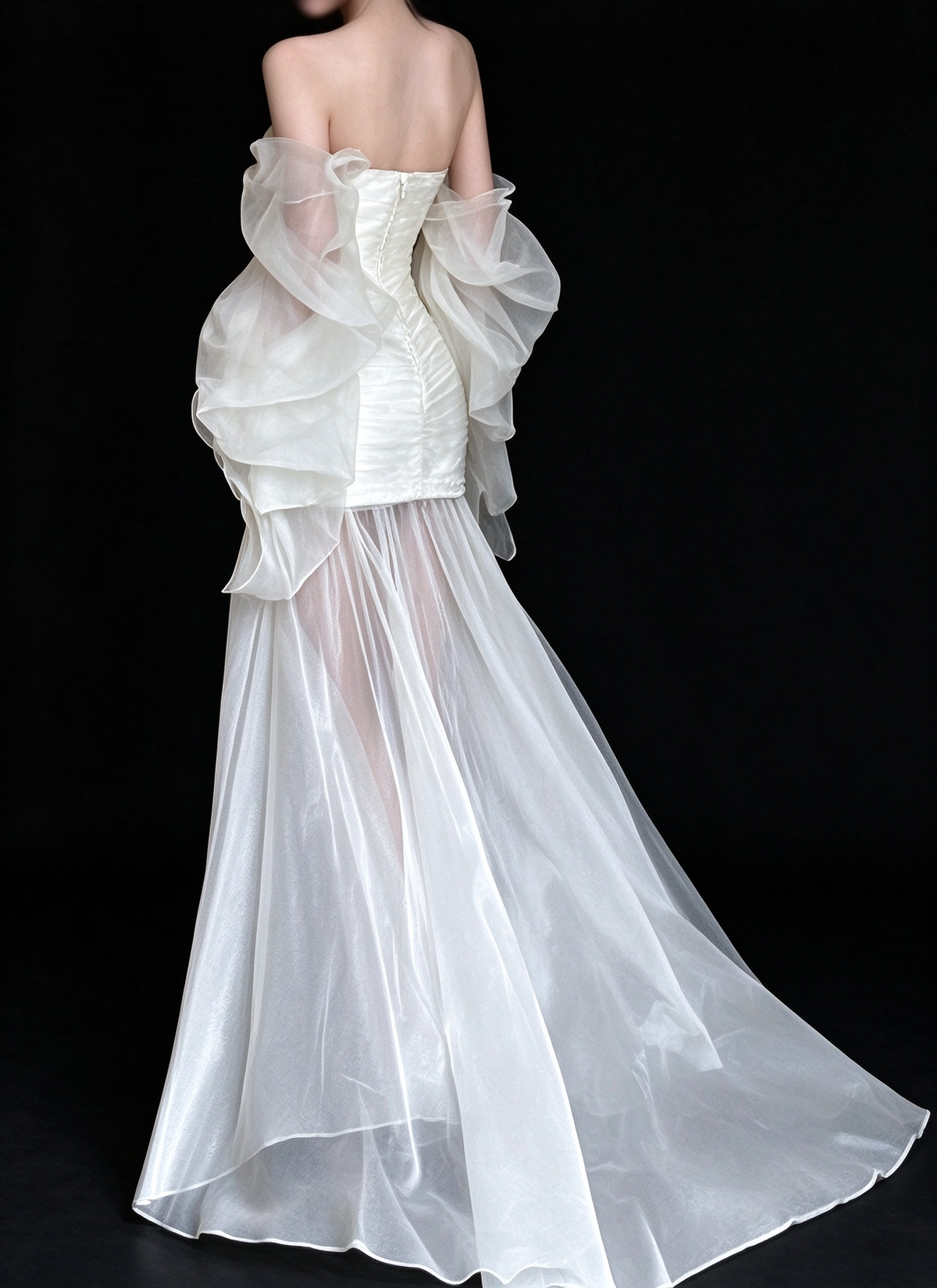 White Strapless Off Shoulder Ruffle Tulle Wedding Dress fg9165