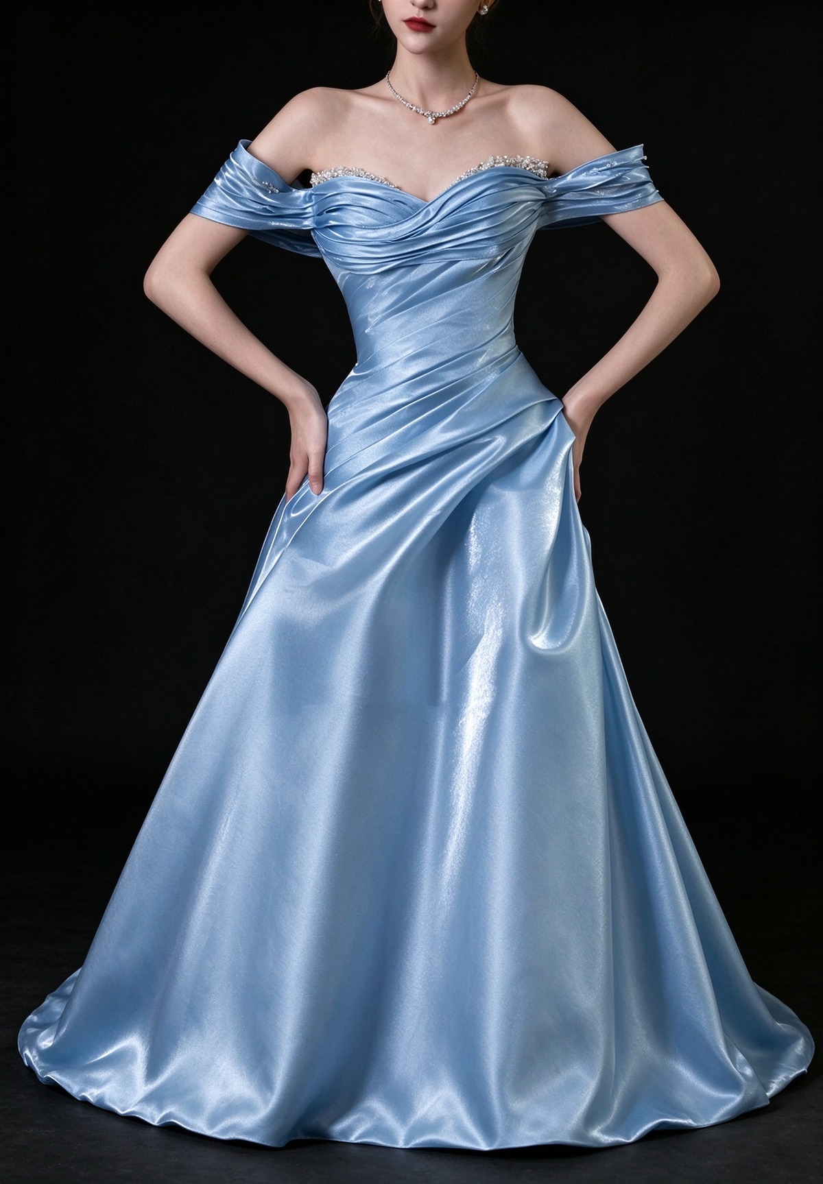 Light Blue Off Shoulder Satin A Line Evening Gown fg9172