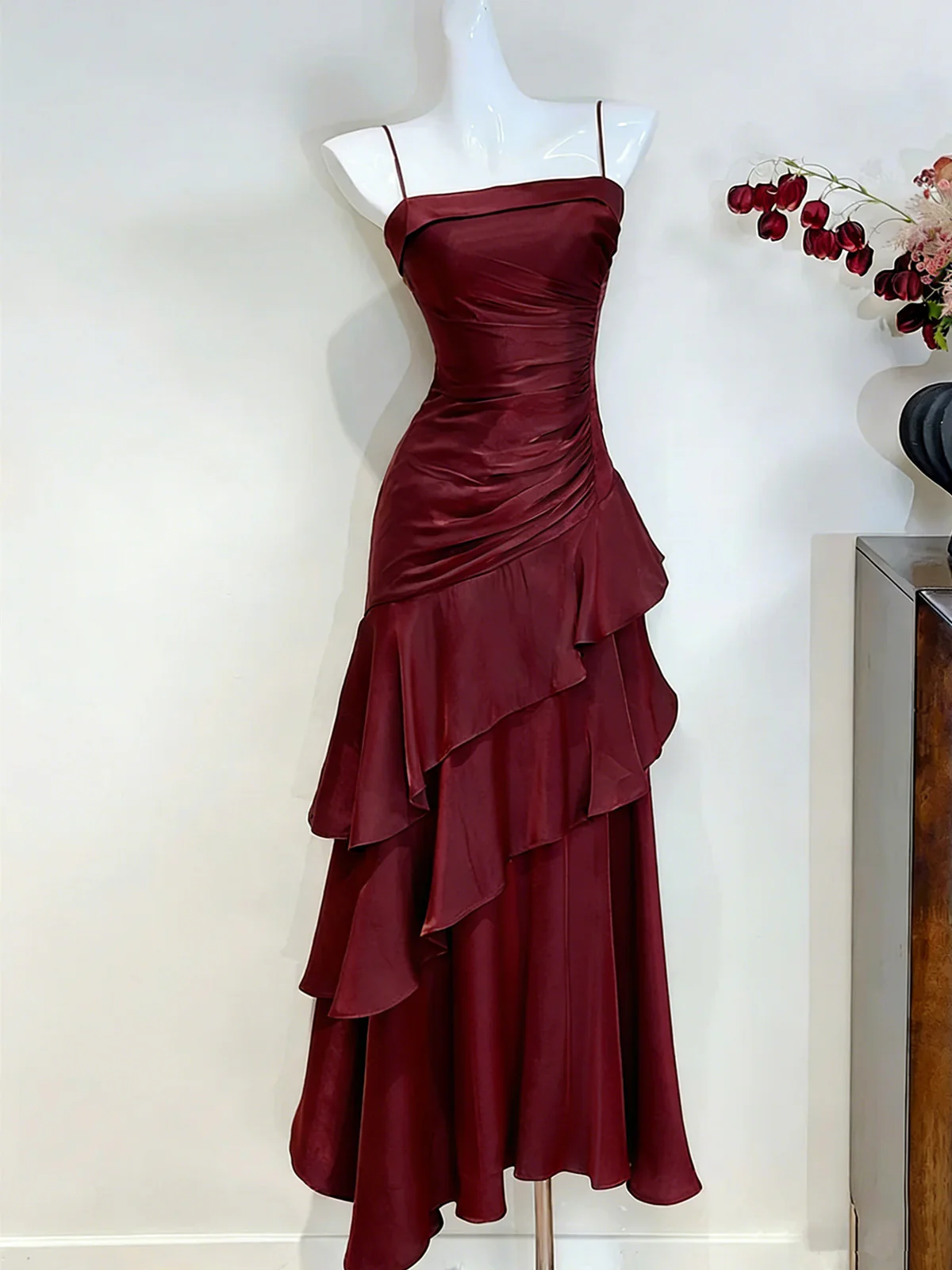 slim fit dress slacks Wine Red Satin Halter Long A-line Prom Dress, Wine Red Evening Dress P –  Cutedressy main image 1