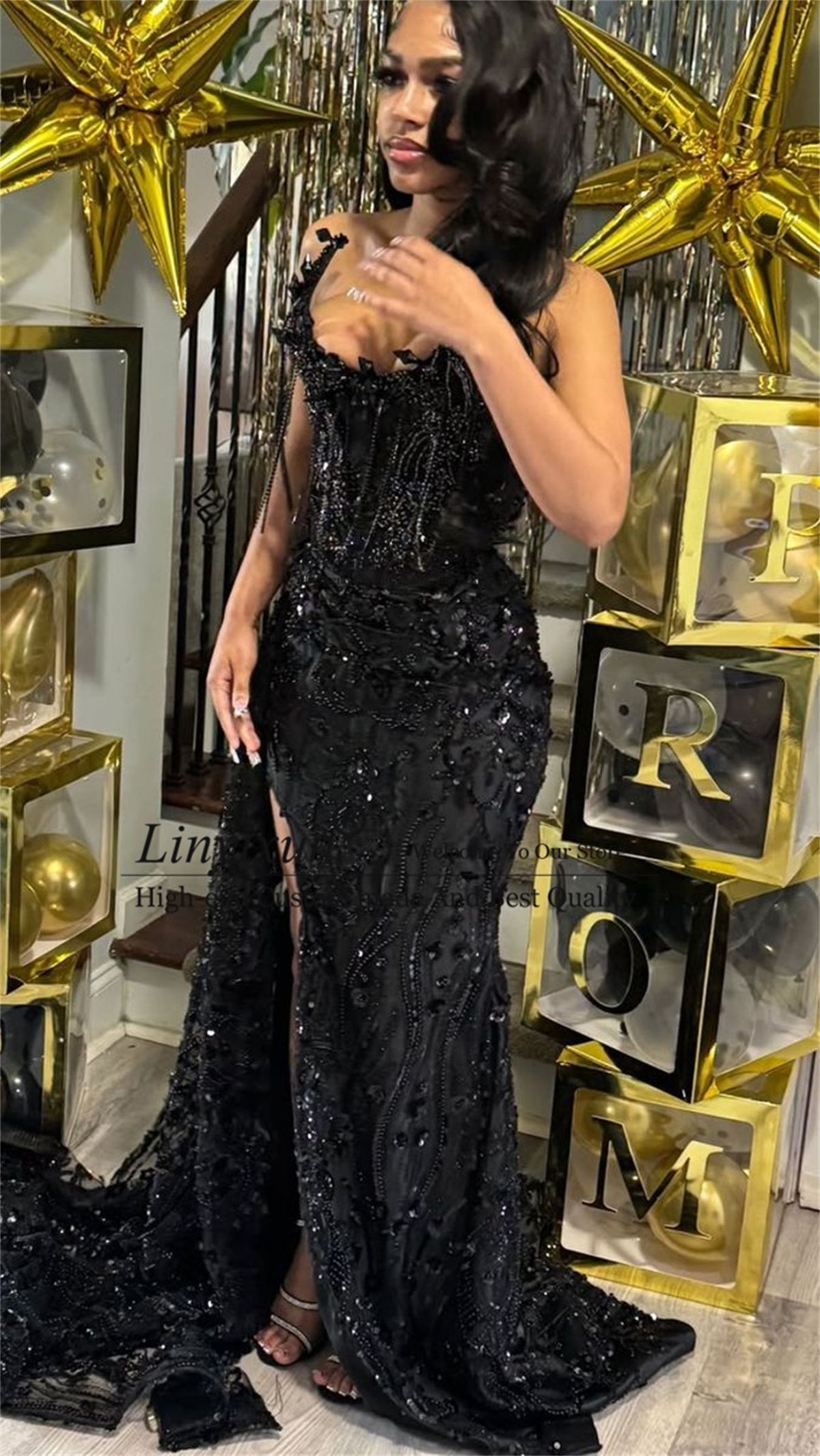 black prom dress black girl Glamorous Mermaid Evening Gowns Black Girl Sequin Prom Dresses,BL18616   DSProm