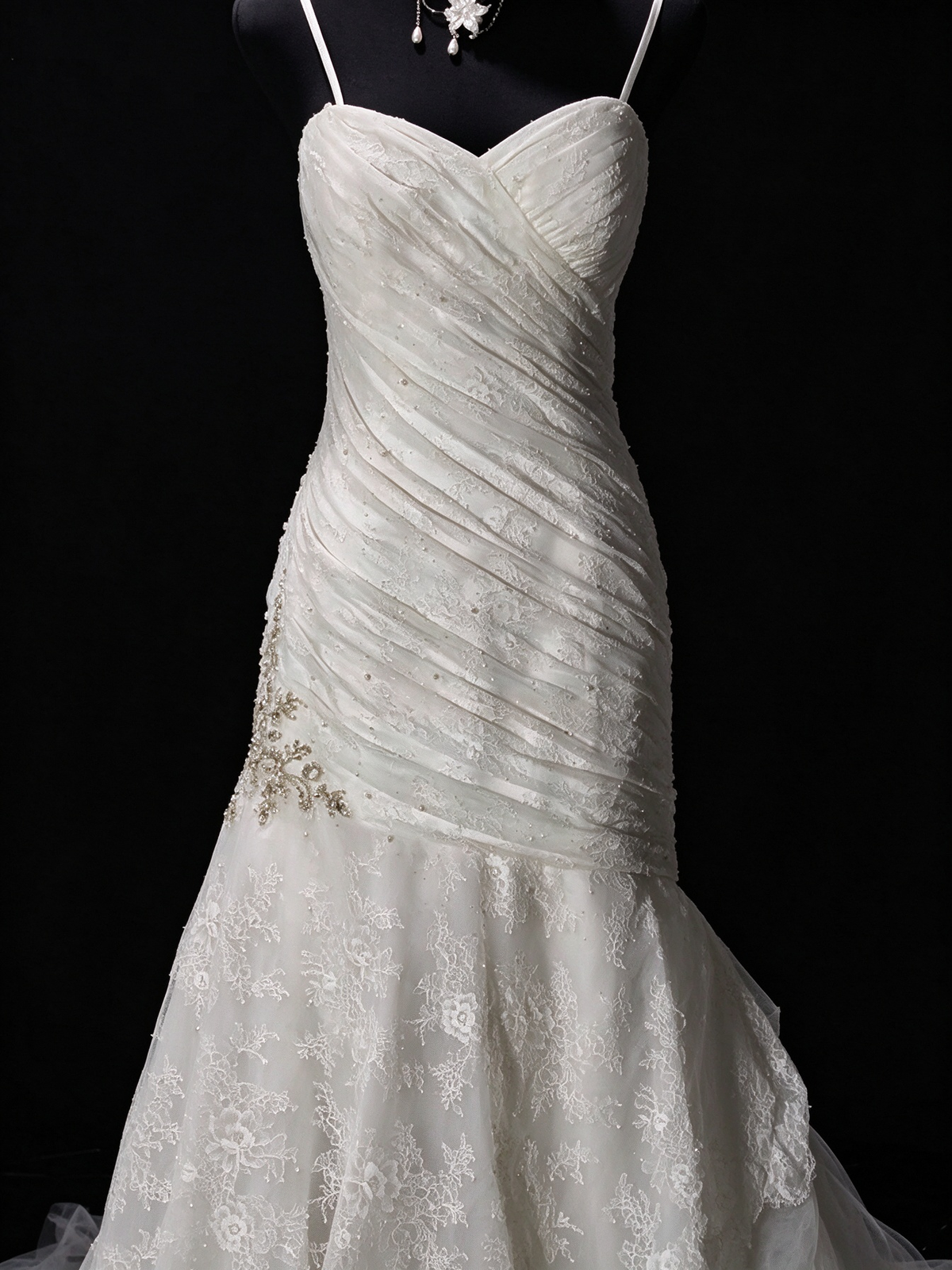Spaghetti Strap Pleated White Tulle Mermaid Evening Dress, Formal Gown fg8926