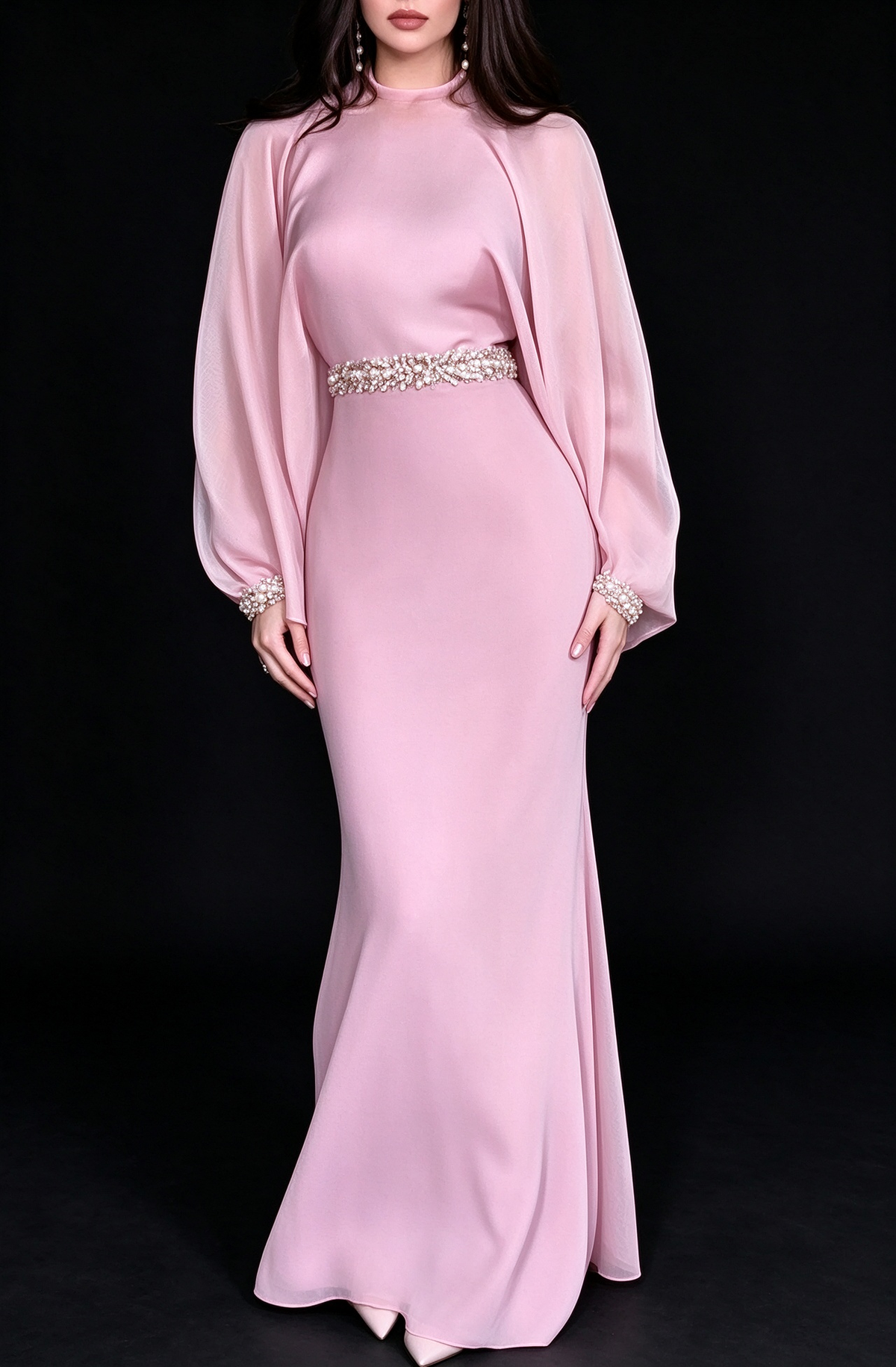 Elegant Pink Chiffon Cape Sleeve Beaded Waist Mermaid Evening Gown fg8967