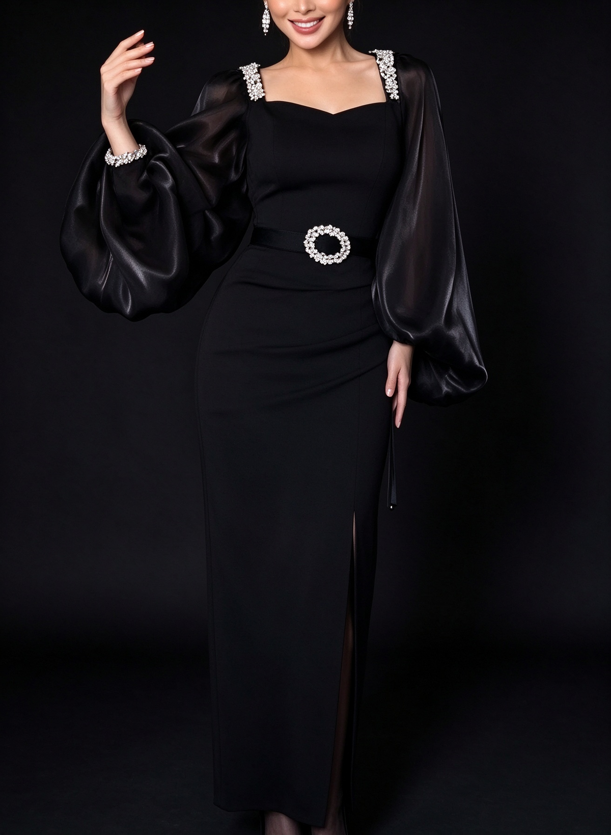 Black Square Neck Puff Sleeve Beaded Midi Evening Dress fg8974