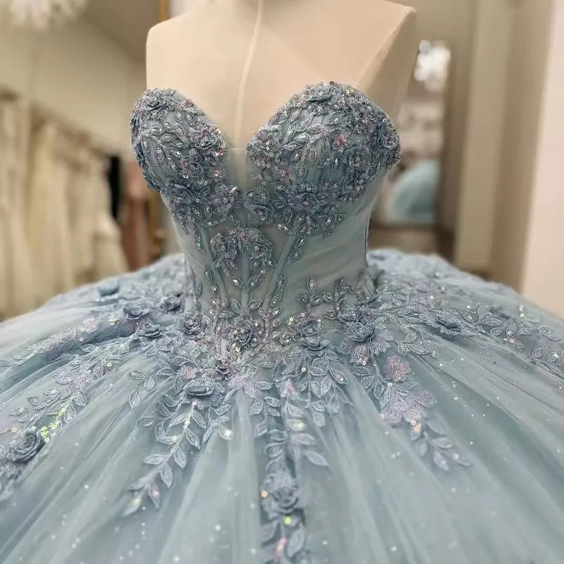 Sparkly Light Blue Quinceanera Dress Cape Flower Lace Vestidos de 15 Anos Birthday Party Princess Ball Gown fg7914