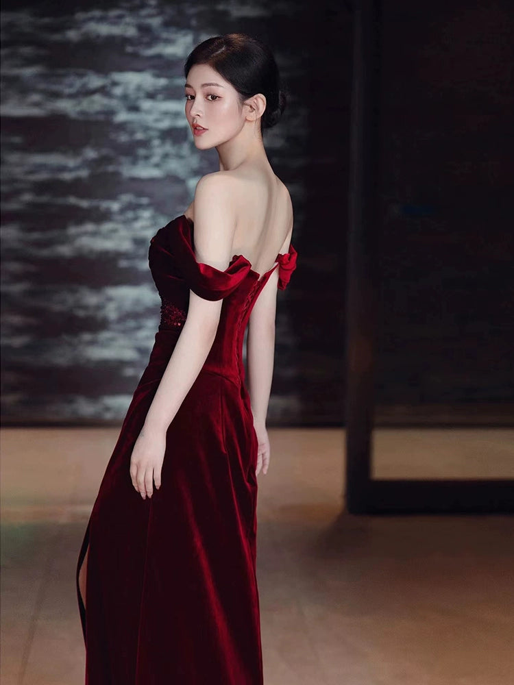 Burgundy Velvet Mermaid Long Prom Dress Off Shoulder Evening Dresses With Slit fg7669