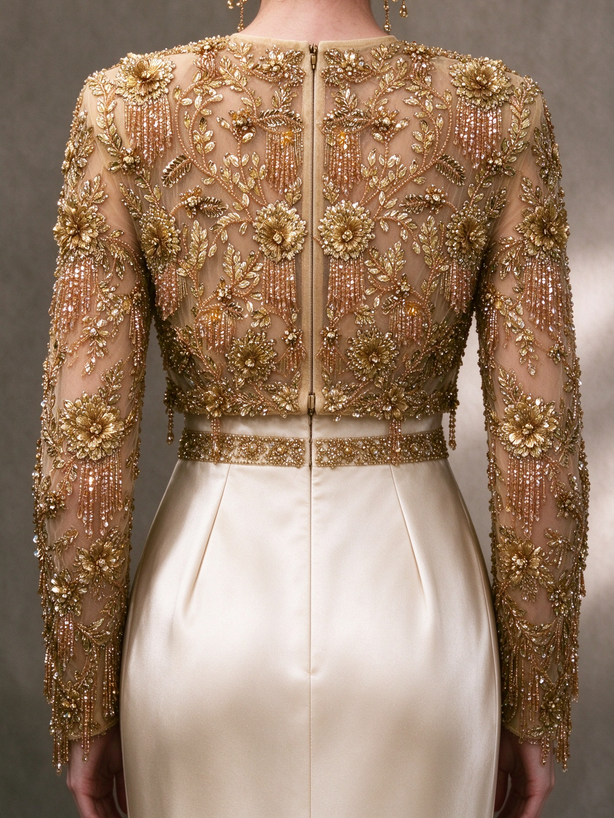 Champagne Two-Piece Evening Gown, Long Sleeve Sheer Tulle Top With 3D Gold Floral Beading, Satin Mermaid Skirt fg8999