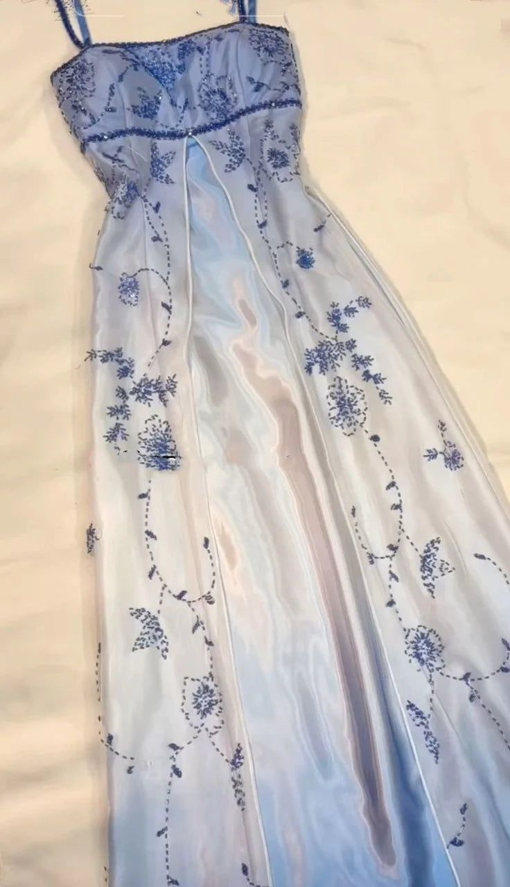 Blue And White Gradient Beaded Long Prom Dress Evening Dress fg8223