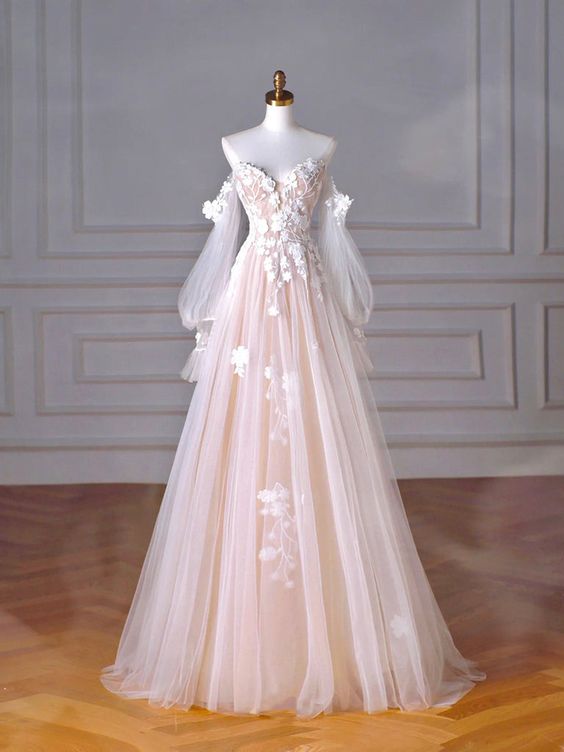 Champagnerfarbenes, langes Abendkleid aus Tüllspitze mit herzförmigem Ausschnitt, A-Linie, Partykleid mit Puffärmeln fg5434