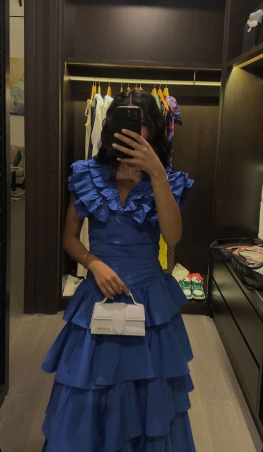Robe de soirée bleue élégante, tenue de bal à volants fg5424