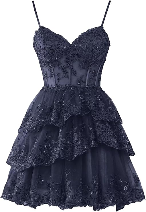 Navy Homecoming Dresses for Teens Tulle Lace Applique Tiered A-line Fo formalgowns Navy Homecoming Dresses for Teens Tulle Lace Applique Tiered A-line Fo formalgowns