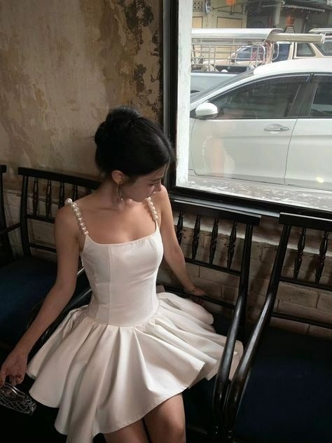 Robe de soirée courte blanche trapèze, robe de bal, robe de soirée courte fg7799