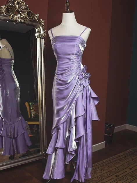 Charming Mermaid High Low Satin Straps Party Dress Vintage Style Prom formalgowns Charming Mermaid High Low Satin Straps Party Dress Vintage Style Prom formalgowns